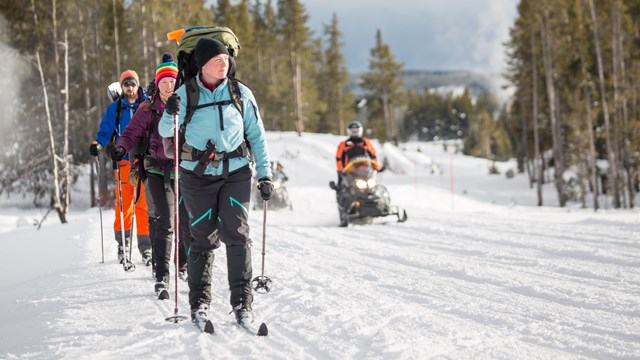 a line of cross country skiers and a snow mobile 