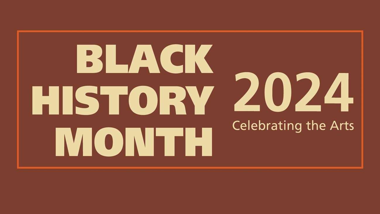Maroon background with red border. Text Black History Month 2024 celebrate the arts