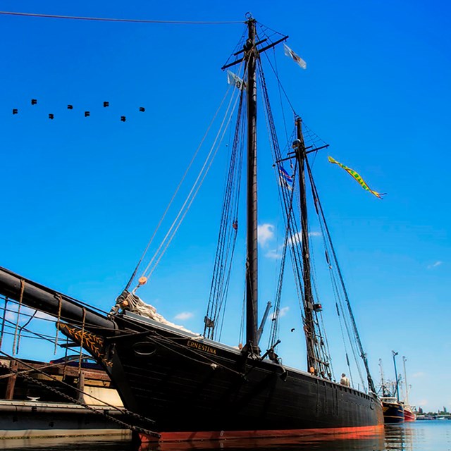 Schooner Ernestina-Morrissey docked at the wharf in New Bedford harbor