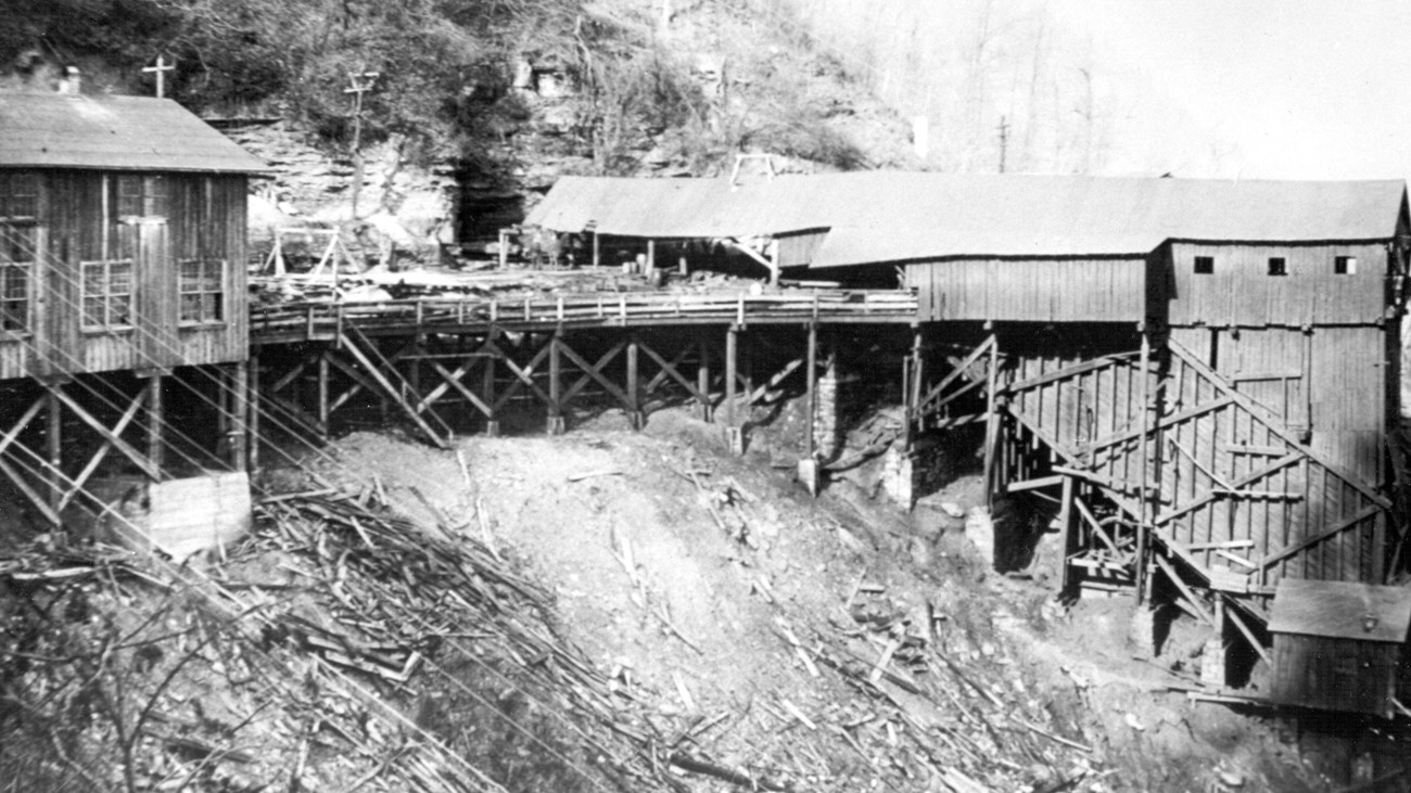 historic photo of old coal min buildings