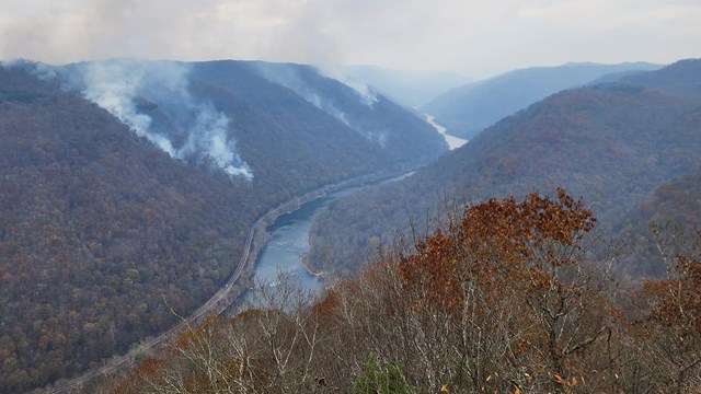 smoke along the side of a forested river gorge