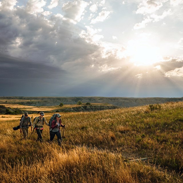 Three people walking through grasslands with badlands topography in the background and a setting sun