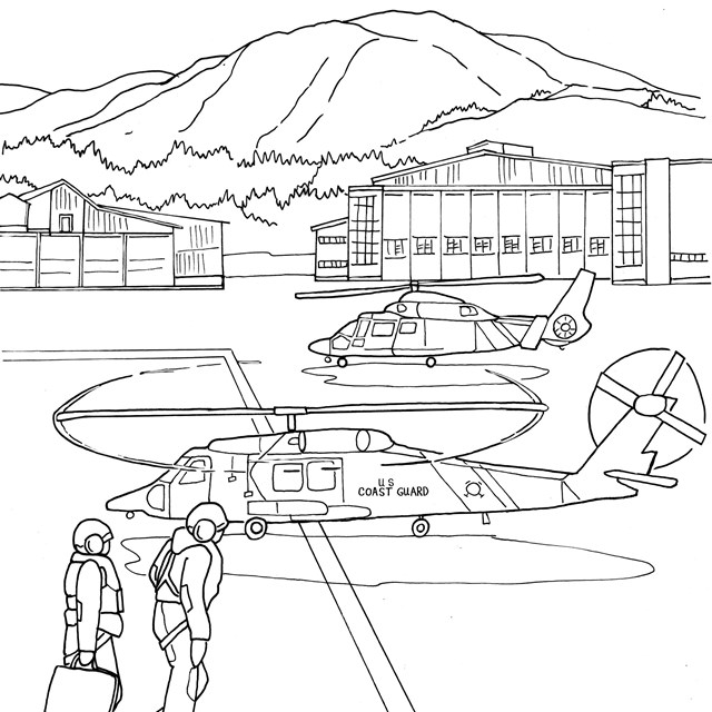 A line drawing of 2 airmen near a helicopter. Behind them is another helicopter and 2 hangars.