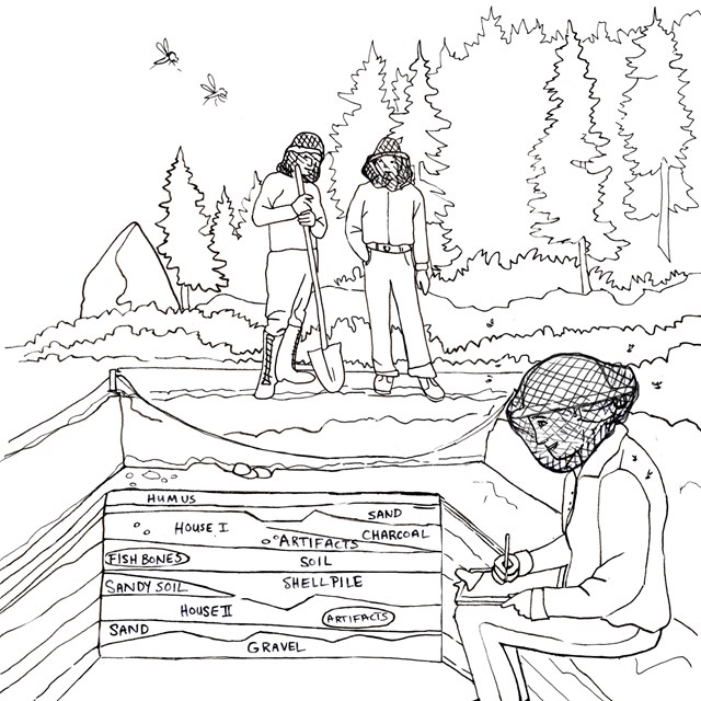 A line drawing of an archeological dig of layers with a woman sitting and two people standing behind