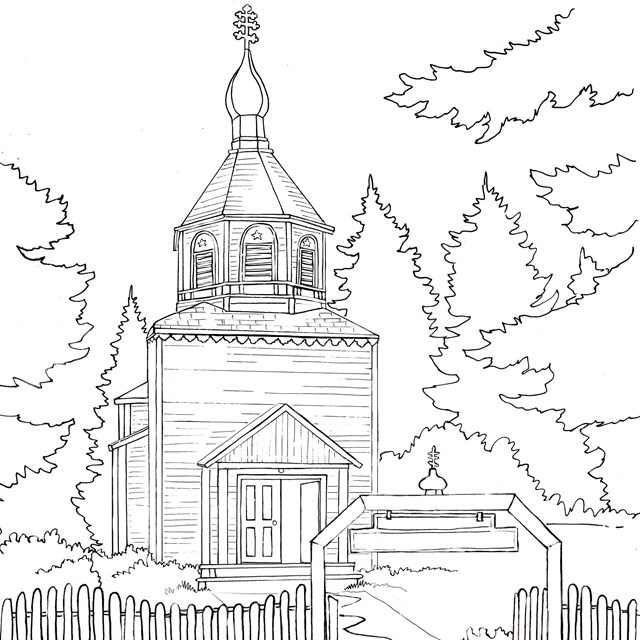 A line drawing of a Russian Orthodox church with gate and arched entry in front. 