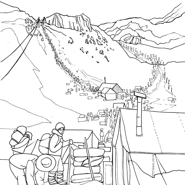 A line drawing of miners at camp preparing to join the many people seen climbing a steep trail.