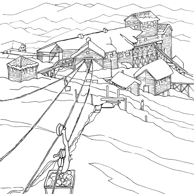A line drawing looking down from hilltop, an ore bucket on a tram line heading to the mill building.
