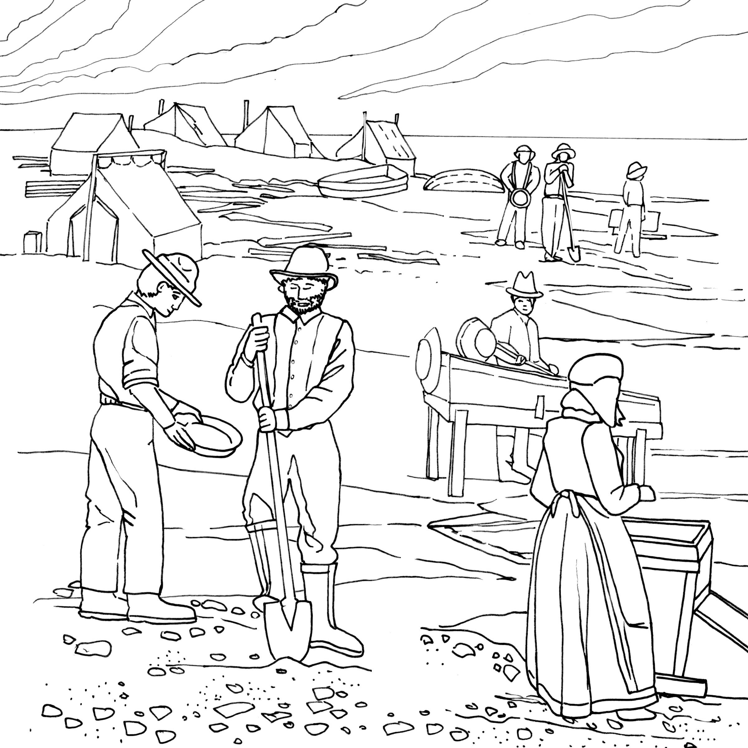 Line drawing of a beach scene with men and a woman mining for gold using rockers, pans, and shovels.