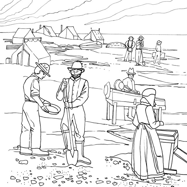 Line drawing of a beach scene with men and a woman mining for gold using rockers, pans, and shovels.