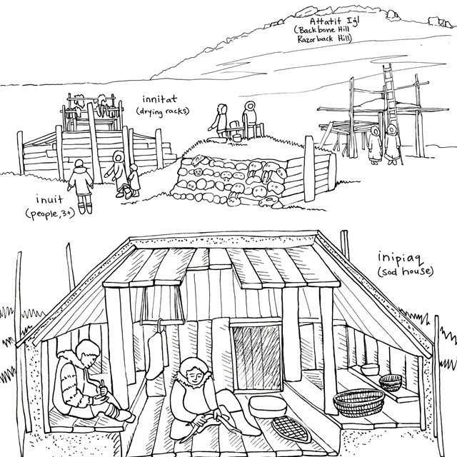 A line drawing showing Inupiat people and four different types of semi-subterranean structures.