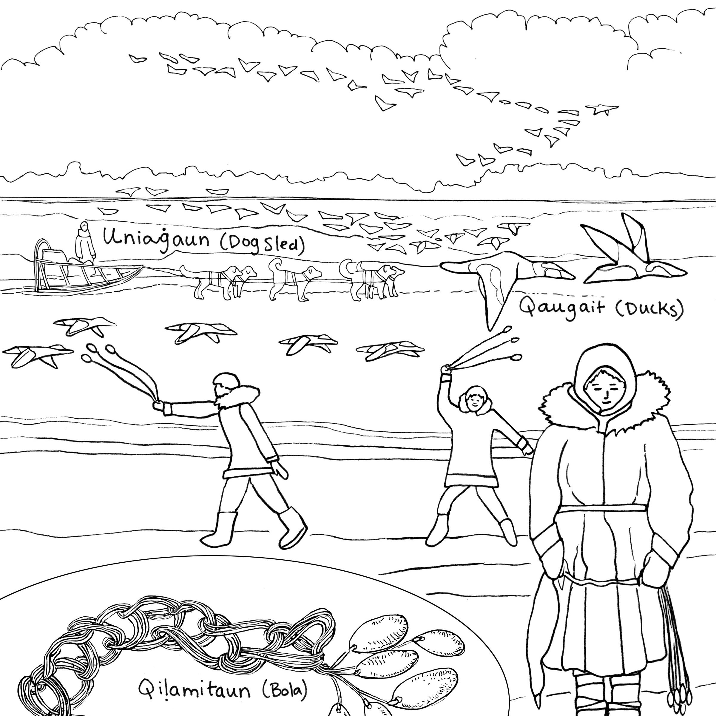 A line drawing depicting Inupiat people wearing traditional clothing and using bolas to hunt ducks.