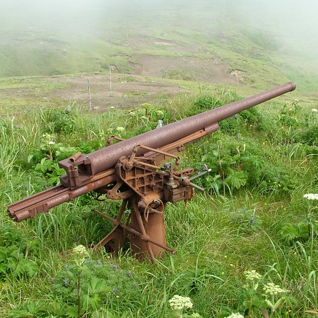 World War II gun at the Japanese Occupation Site on Kiska Island, Alaska