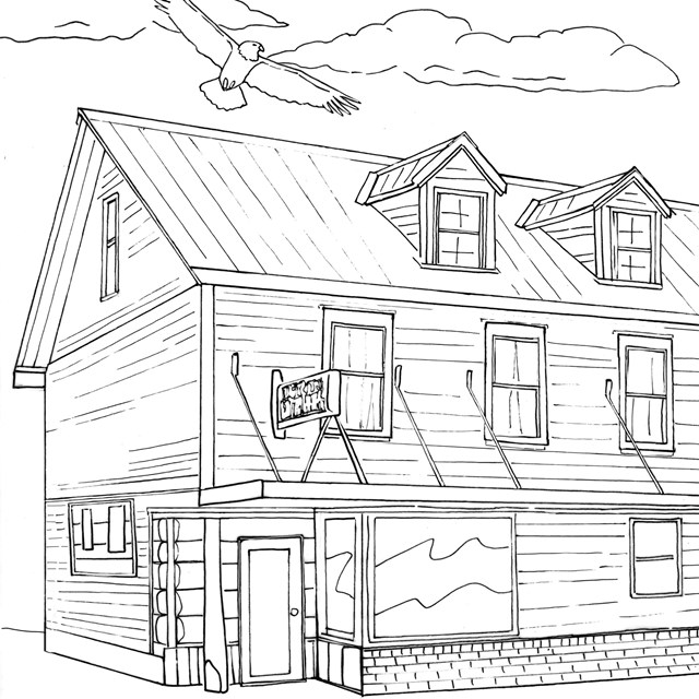  A line drawing looking at the entrance of a two story building with gable roof and dormer windows.