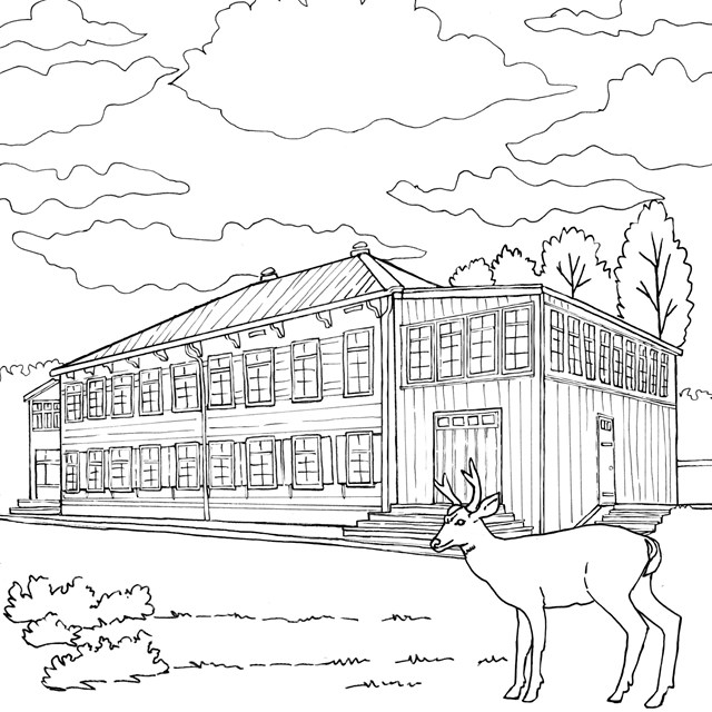  A line drawing of a 2-story building with hipped roof; a deer is in the foreground.