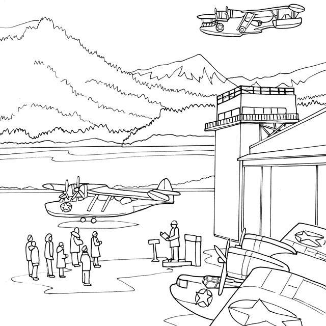 A line drawing of a WWII scene with airfield, a few people, a control tower, hangar, and airplanes.