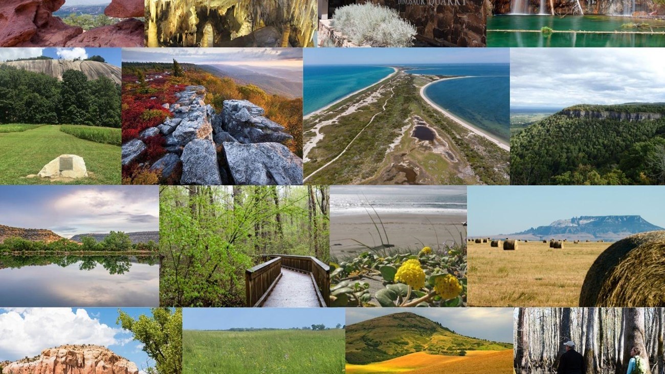 a collage of diverse national natural landmarks with geologic formations, coastal formations & swamp