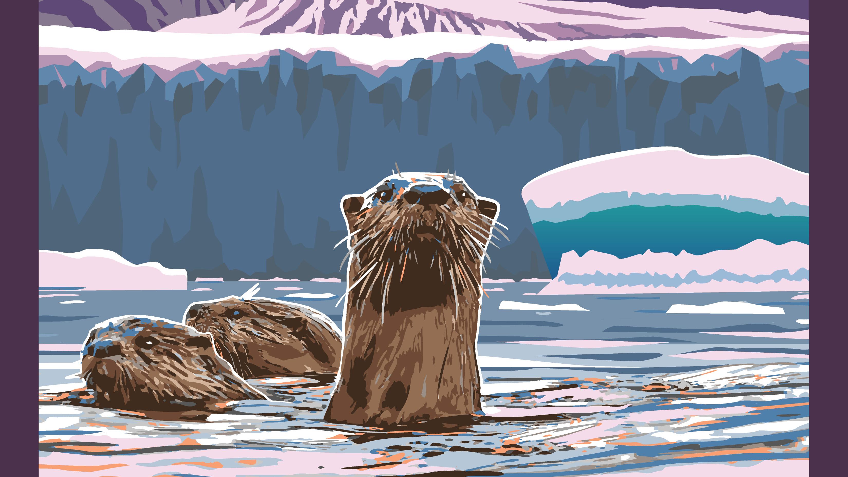 drawing of otters in glacial water