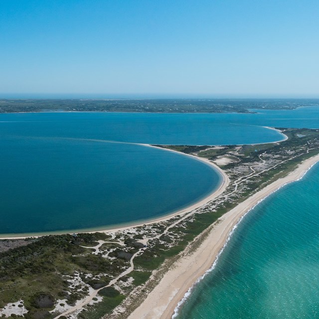 Aerial view of barrier beach in the ocean
