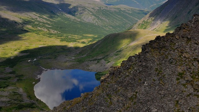 Aerial picture of a lake in the mountains in the Arctic