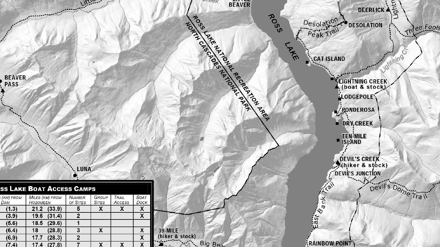Map showing campsites, distance and amenities for campsites, and trails at Ross Lake 