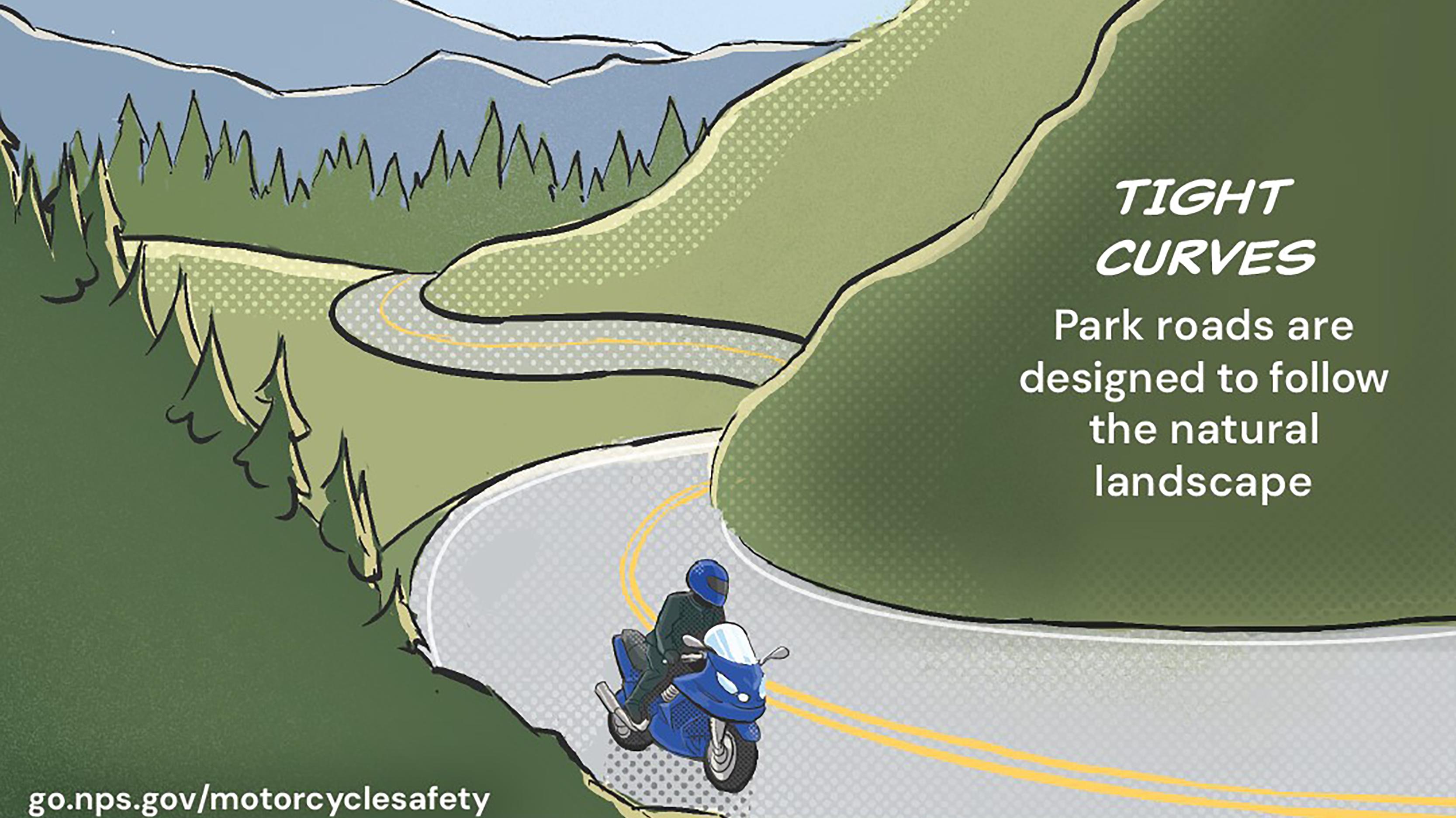 Graphic with motorcycle along winding mountain road. 