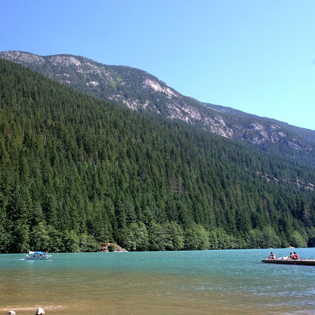 A clear lake with trees and a mountain in the distance 
