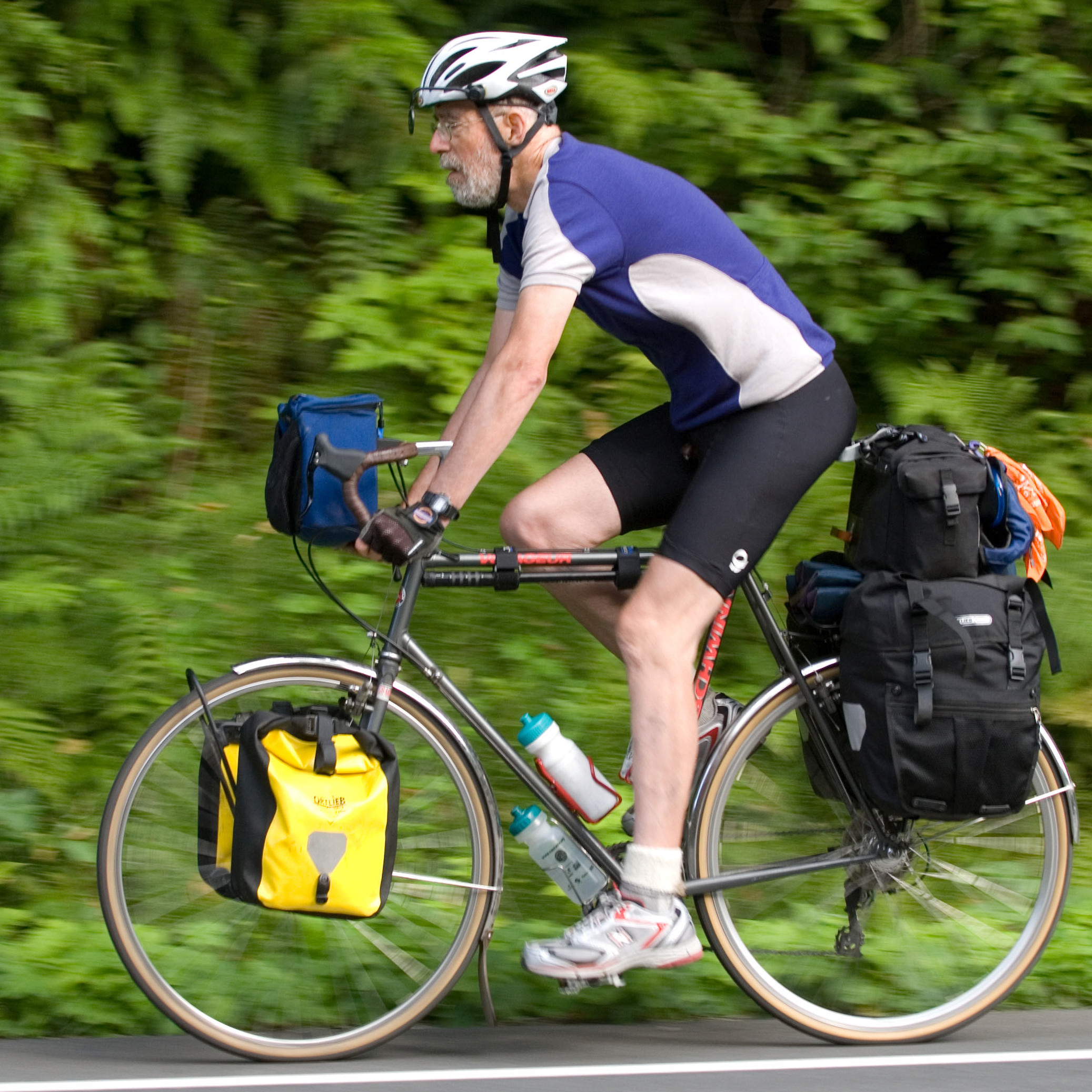 A bicyclist rides along the edge of a forested road.