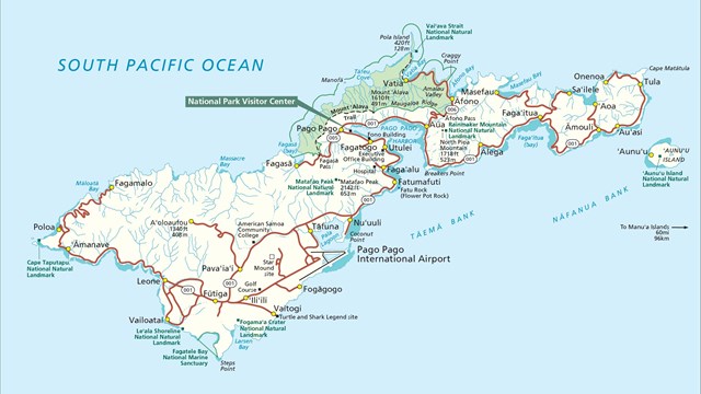 Map Graphic; light blue water with large ameba island labeled with "South Pacific Ocean."