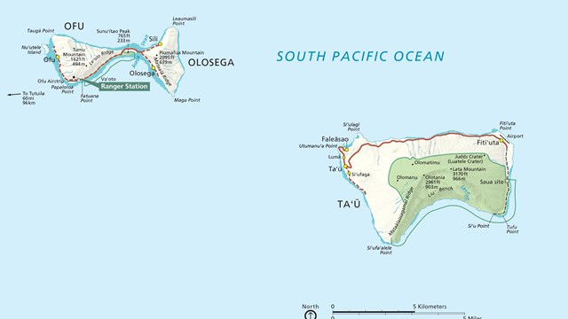 Map Graphic; light blue ocean background with two small islands and titled "South Pacific Ocean."