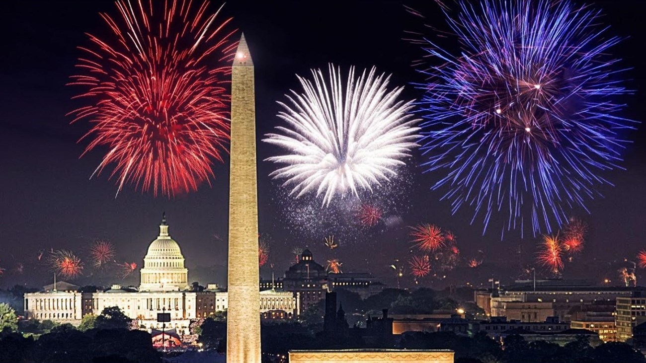 Fireworks over the Washington Monument and U.S. Capitol.