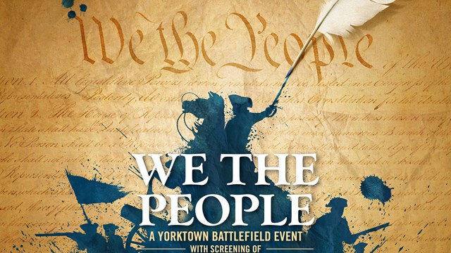 A graphic of soldiers and a rider on horseback with text about a screening of a film "We The People.