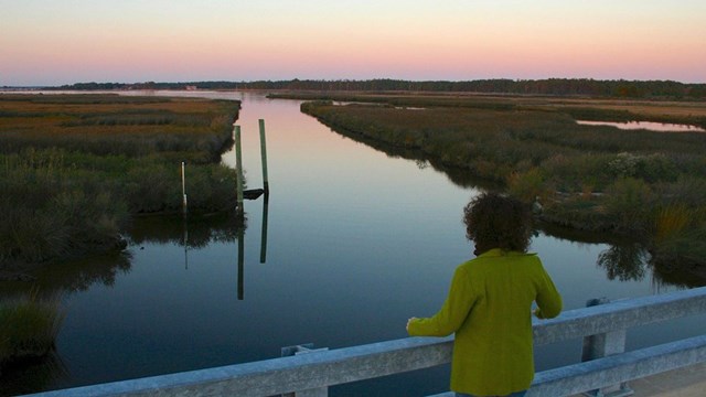 a woman on a low bridge over a canal gazes out at a vast grassy wetland as the sun sets