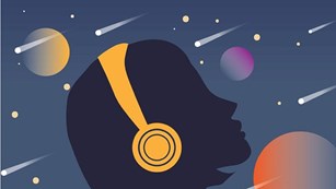 Illustration of a person wearing headphones while watching a meteor shower