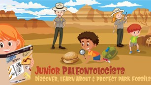 Illustration of kids and rangers looking at fossils in a desert or a Junior Ranger book