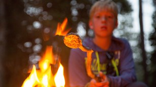 Kid roasting a marshmallow over a fire