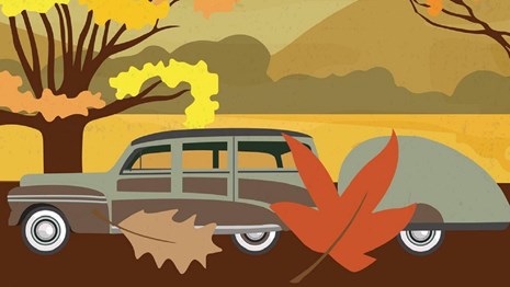 Poster of an old-fashioned car driving past fall foliage with text reading "Recreate Responsibly"