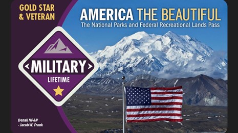 Military Lifetime pass featuring a photo of a U.S. flag in front of a mountain