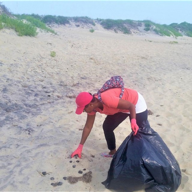 Volunteer picking up trash on a beach 
