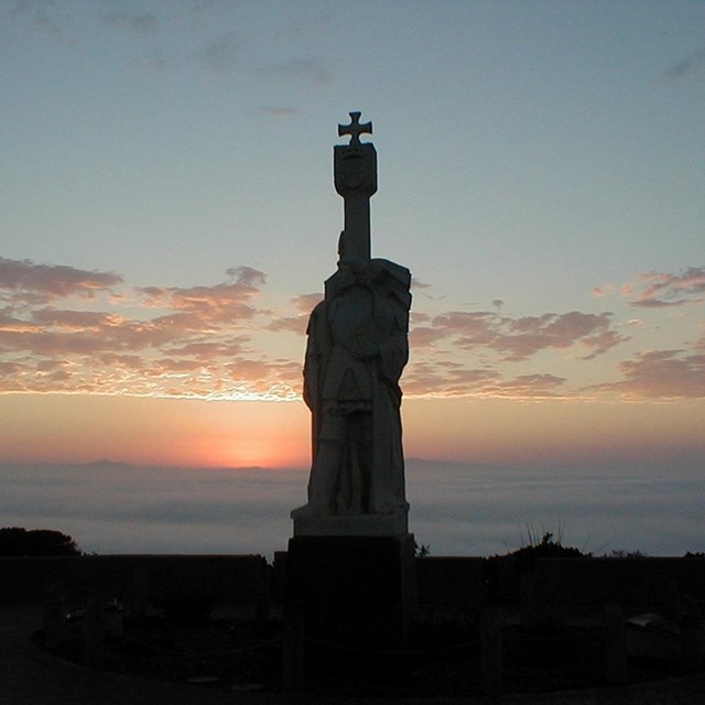 Silouhette of a statue of Juan Rodriguez Cabrillo