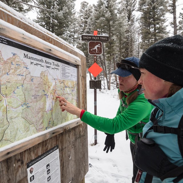 Visitors looking at a bulletin board map in a snow-covered forest