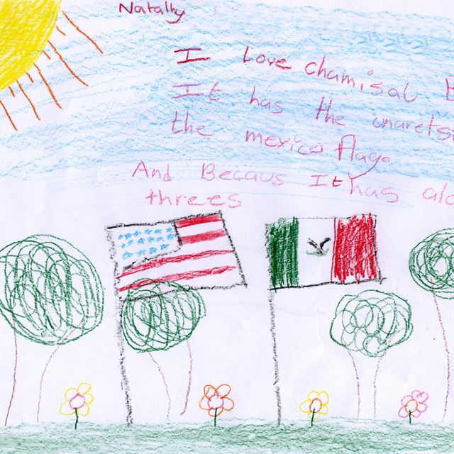 Kids drawing of the US and Mexican flags