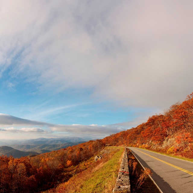 Mountain road lined with fall foliage and views of the valley