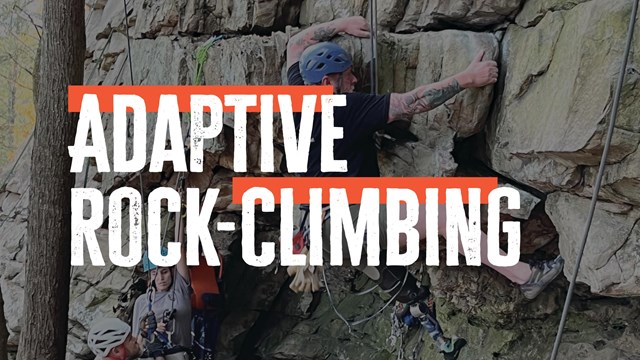 Background image of a rock climber, and a title in the front. 