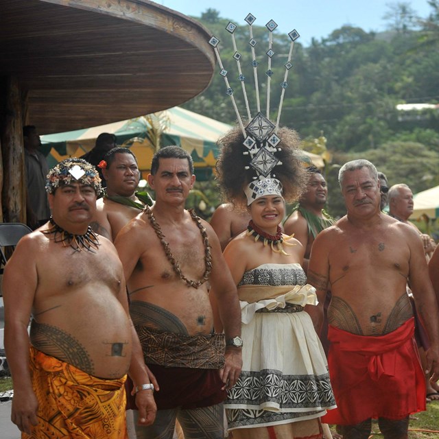 Samoan chiefs and taupou in traditional dress