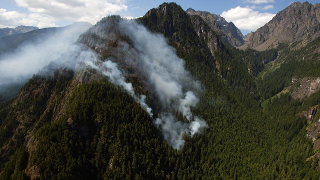 Smoke from a wild fire drifts up from a forested ridge.