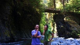 Two visitors ponder route on a Quinault rain forest trail.
