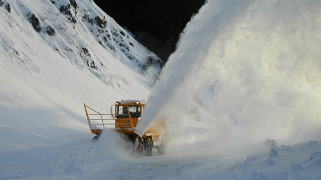 A snow plow works on Hurricane Ridge Road.