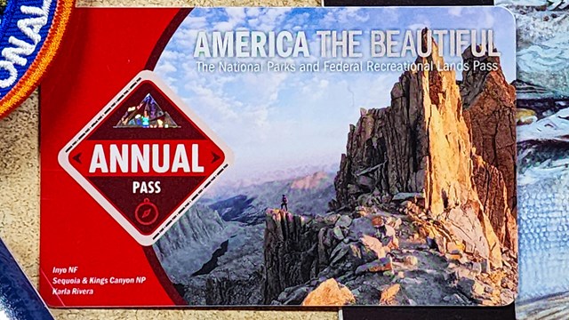 A credit card-shaped plastic pass with mountains on it and "America the Beautiful, Annual pass"