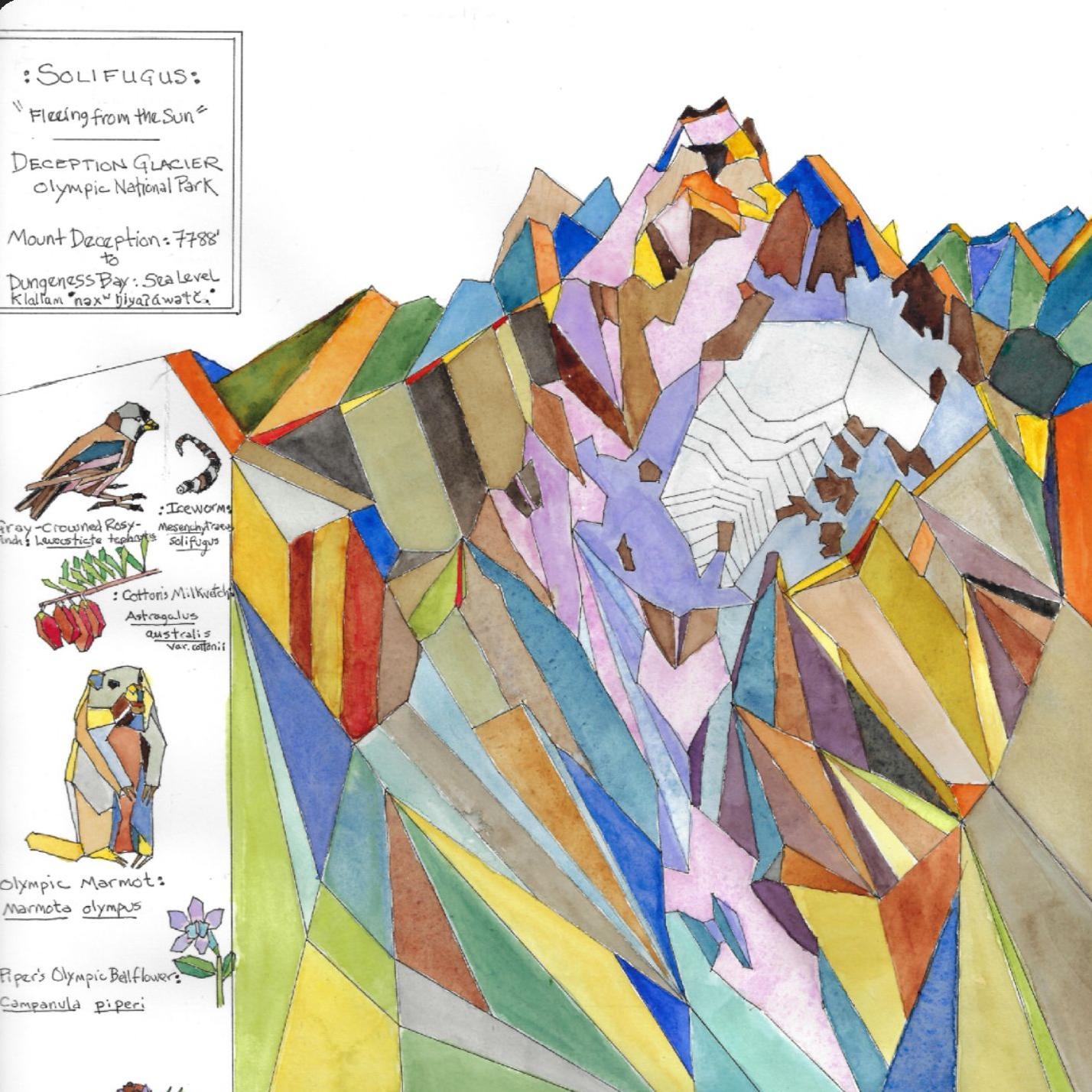 Side by side paintings of the same mountain glacier, one geometric and bright, the other realistic.