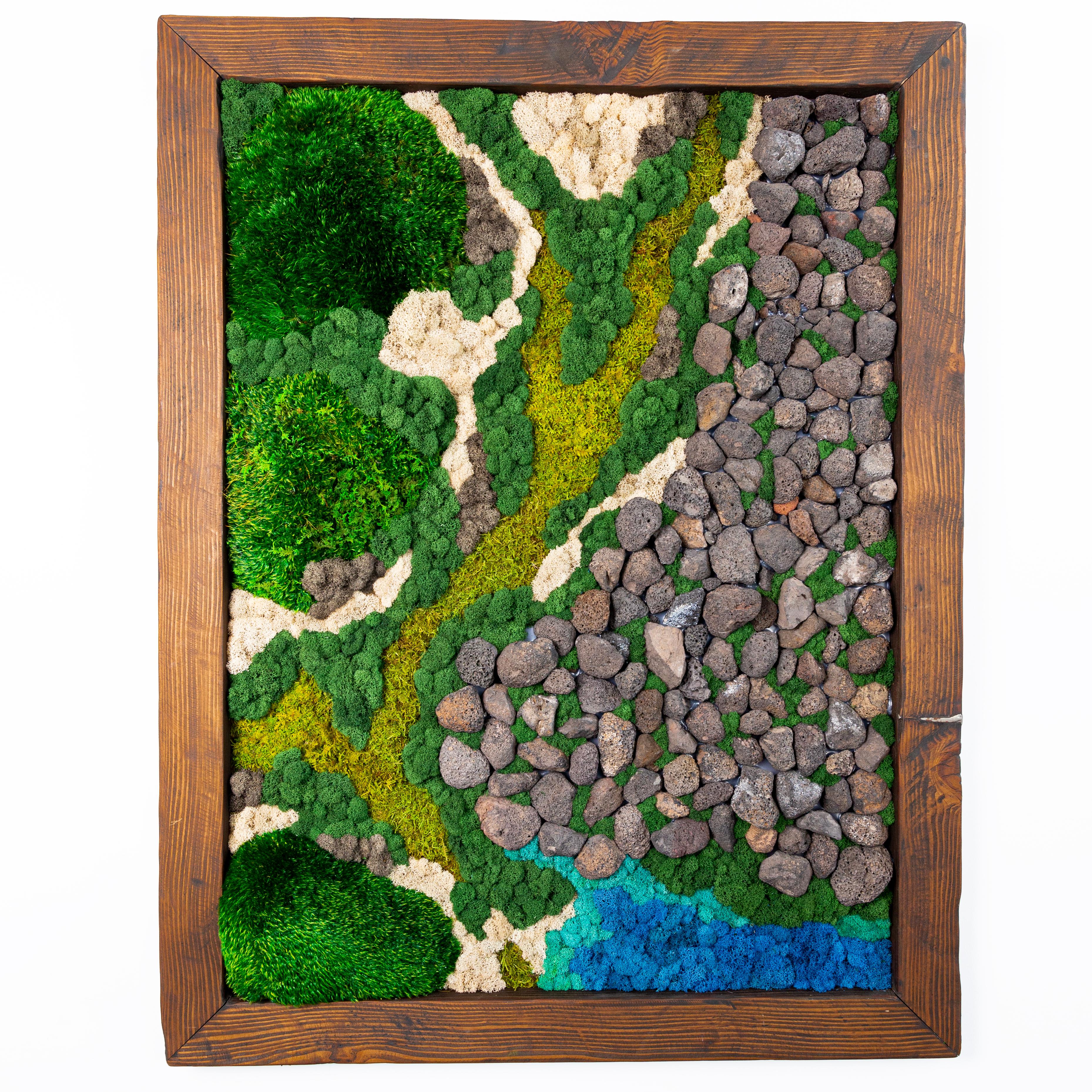 A large wood frame borders a moss wall in which rocks and moss of different colors are arranged to d